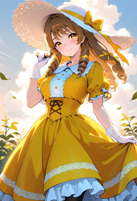 masterpiece, best quality, amazing quality, girl, brown hair, perfect eyes, portrait shot, long hair, ringlets hair, bangs, medium breasts, 8k, highest quality, ultra details,1girl, solo,
Southern Belle, frilly lacy (yellow:1.4) hoop skirt dress, cinched waist, short sleeves, white hair bow, yellow hair ribbons, white wide brim straw hat, medium breasts, white silk gloves, blush, head tilt, cute smile, twirling, dress flowing in the wind, sunny day, summer season, quaint antebellum southern town, leaves in the wind, fluffy white clouds, outdoors, warm colors, warm lighting