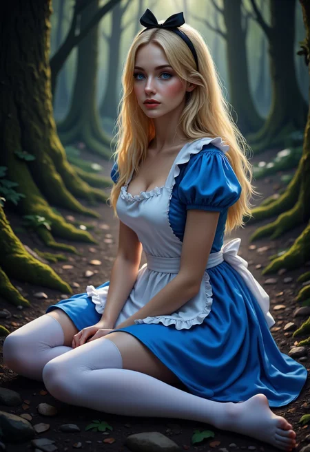 Alice, Alice in Wonderland. in the forest, dark forrest. sitting.. spread legs
AliceInUnderland, AliceWaifu, sexy alice, blue eyes, blue dress, white pantyhose, apron, black bow, blonde,