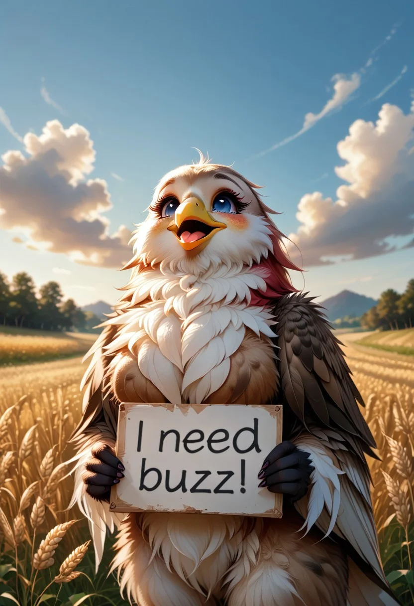 score_9, score_8_up, score_7_up, BREAK, solo,
1girl ((pastel harpy female,multicolored feathers, bird girl, yellow beak, bird's mouth, have a presence with huge breasts and huge feather tail and huge winged arms,wings ,feather winged-arm, long hair,cry,tears,yellow beak, sad, in country, need_buzz, holding sign, face shot)), MegaFluffyPony,feather furry, fluffy,Wheat field background, sunset