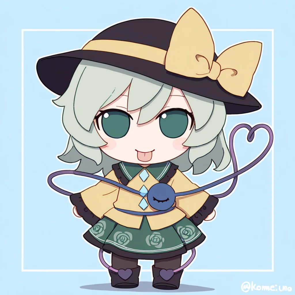 chibi,fumo,
1girl, solo, looking at viewer, blush, smile, bangs, skirt, shirt, long sleeves, hat, bow, ribbon, hair between eyes, green eyes, standing, full body, grey hair, heart, pantyhose, boots, frills, green hair, tongue, collared shirt, tongue out, wide sleeves, medium hair, chibi, twitter username, black footwear, black pantyhose, black headwear, buttons, blue background, wavy hair, floral print, hat ribbon, frilled sleeves, blouse, green skirt, hat bow, third eye, yellow bow, frilled shirt collar, yellow shirt, yellow ribbon, eyeball, heart of string, rose print, diamond button, komeiji koishi
<lora:fumo_noob1:1>,