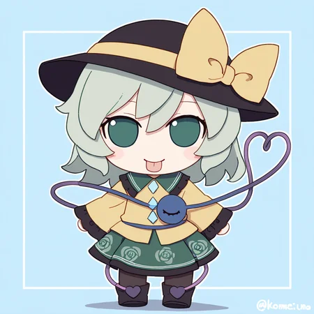 chibi,fumo,
1girl, solo, looking at viewer, blush, smile, bangs, skirt, shirt, long sleeves, hat, bow, ribbon, hair between eyes, green eyes, standing, full body, grey hair, heart, pantyhose, boots, frills, green hair, tongue, collared shirt, tongue out, wide sleeves, medium hair, chibi, twitter username, black footwear, black pantyhose, black headwear, buttons, blue background, wavy hair, floral print, hat ribbon, frilled sleeves, blouse, green skirt, hat bow, third eye, yellow bow, frilled shirt collar, yellow shirt, yellow ribbon, eyeball, heart of string, rose print, diamond button, komeiji koishi
<lora:fumo_noob1:1>,