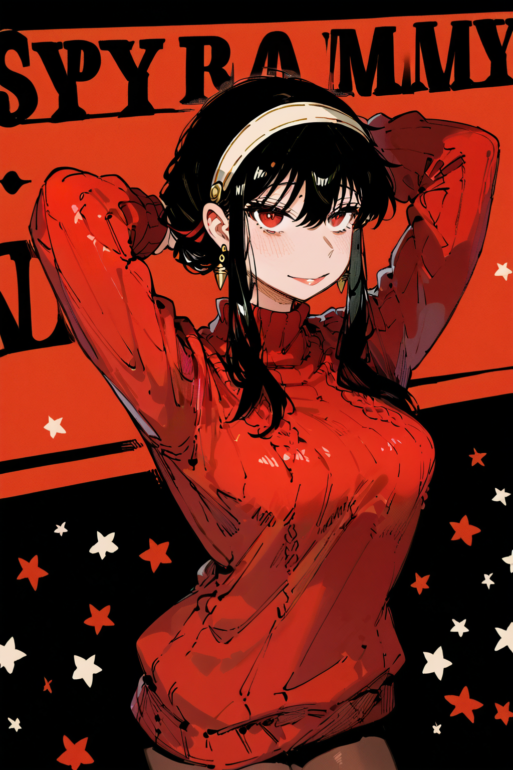 score_9, score_8_up, score_7_up, spy x family, yor briar, black hair, brown pantyhose, earrings, hairband, red eyes, red sweater, sweater, solo, solo focus, cowboy shot, sepia background, Standing with arms folded behind the head, <lora:karasu_raven:1.5>,âââ