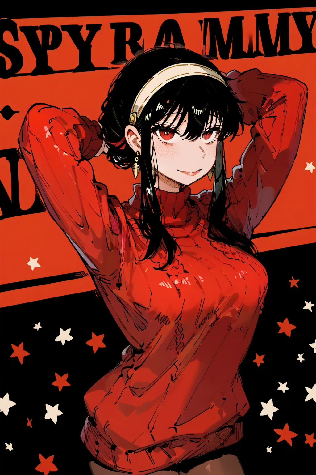 score_9, score_8_up, score_7_up, spy x family, yor briar, black hair, brown pantyhose, earrings, hairband, red eyes, red sweater, sweater, solo, solo focus, cowboy shot, sepia background, Standing with arms folded behind the head, <lora:karasu_raven:1.5>,âââ