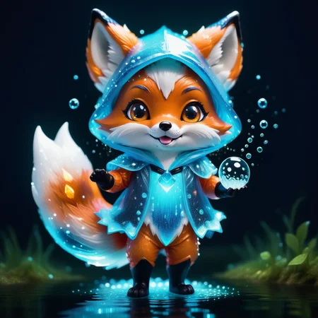 a chibi punny in a fox costume made out of Jed-Bwtrspkl, <lora:BioWaterSparkleStyle:1>