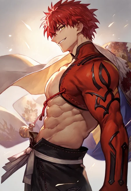 score_9, score_8_up, score_7_up, score_6_up, score_5_up, score_4_up, source_anime, male focus, senji_muramasa_(fate), red hair, yellow eyes, muscular, shirtless, smile, side view, looking at viewer,