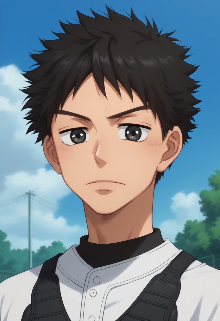 score_9, score_8_up, score_7_up, source_anime, highly detailed, 
takaya, 1boy, male focus, outdoors, solo, sky, black hair, day, cloud, sportswear,
baseball uniform, blue sky, upper body, tree, looking at viewer, black eyes,
spiked hair, shirt,