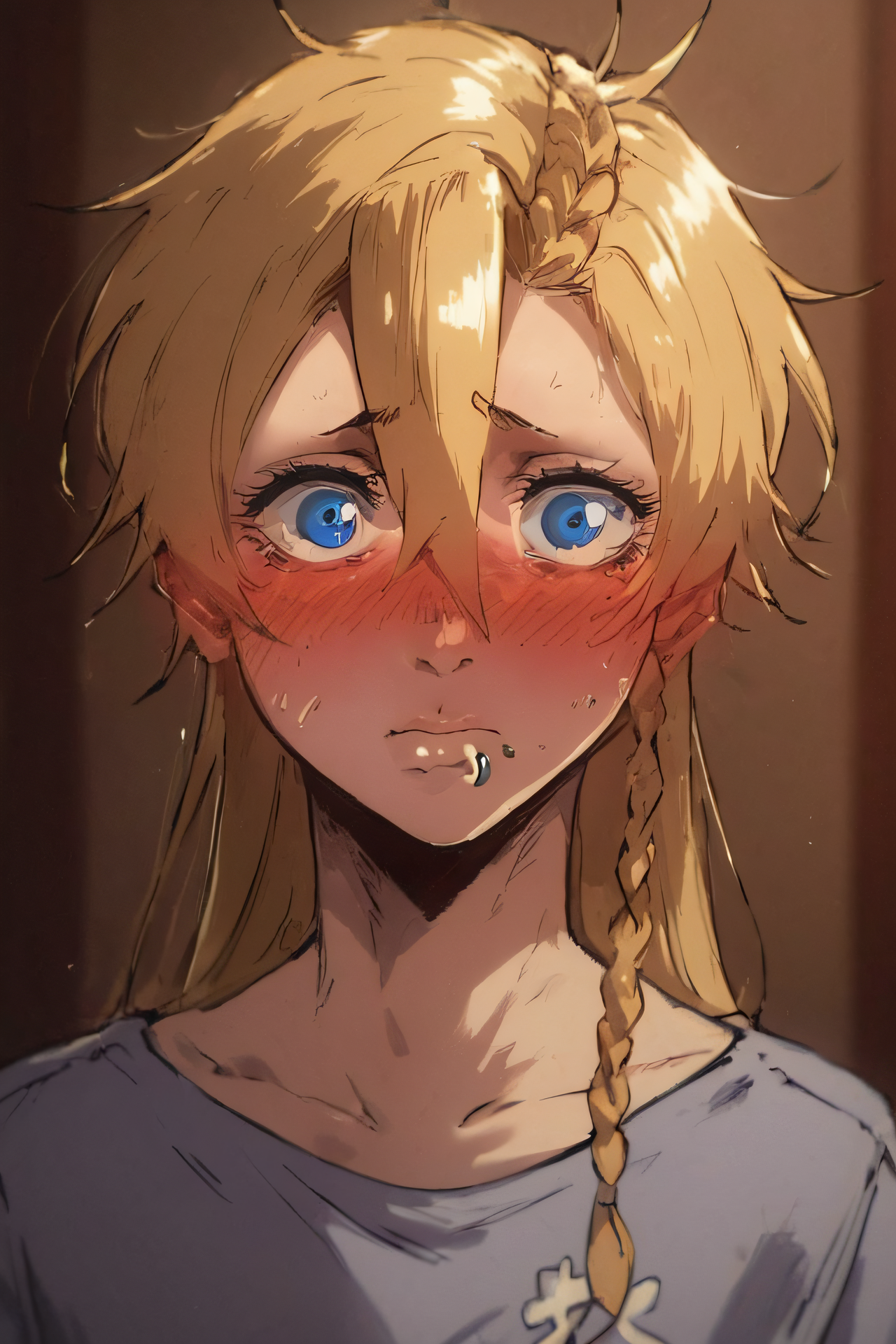score_9,score_8_up,score_7_up, looking at viewer, portrait,
mary, solo, long hair, blush, blonde hair, blue eyes, shirt, 1girl, hair between eyes, braid, piercing, lip piercing, side lip piercing,
embarrassed, blush, grey shirt, long sleeves
<lora:sinfully_stylish_SDKL:0.8> <lora:Expressive_H:0.5> <lora:1dkXLP:0.5> <lora:Mary_Steinberg-11:1>