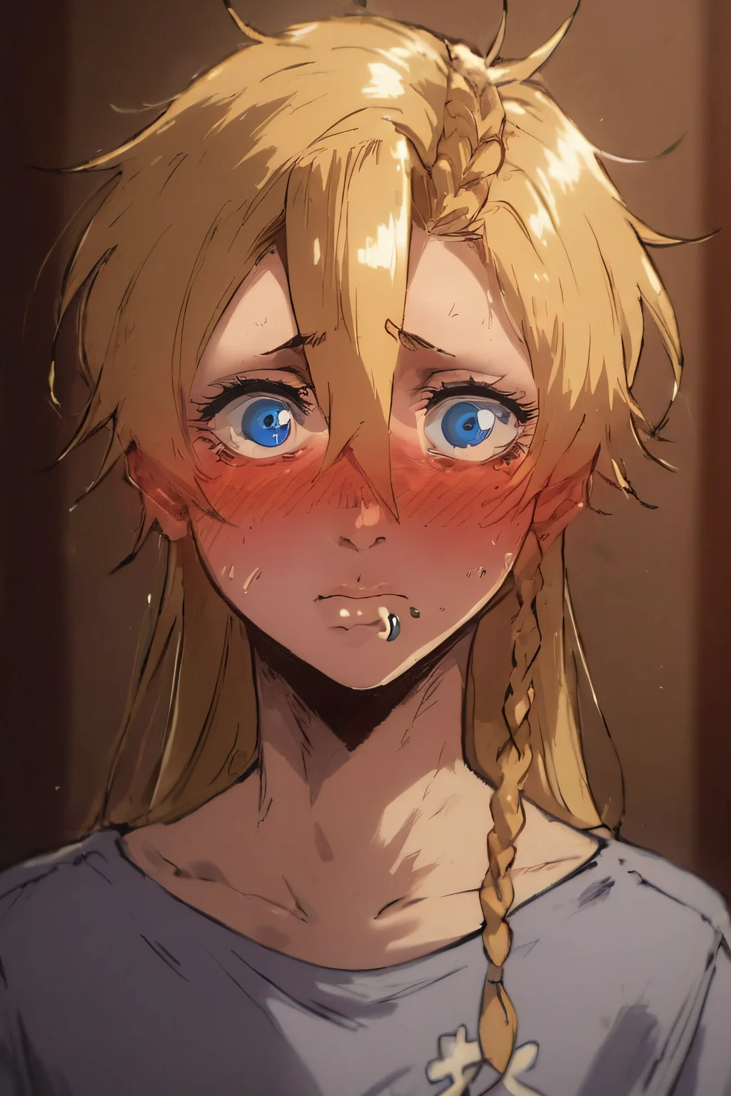 score_9,score_8_up,score_7_up, looking at viewer, portrait,
mary, solo, long hair, blush, blonde hair, blue eyes, shirt, 1girl, hair between eyes, braid, piercing, lip piercing, side lip piercing,
embarrassed, blush, grey shirt, long sleeves
<lora:sinfully_stylish_SDKL:0.8> <lora:Expressive_H:0.5> <lora:1dkXLP:0.5> <lora:Mary_Steinberg-11:1>