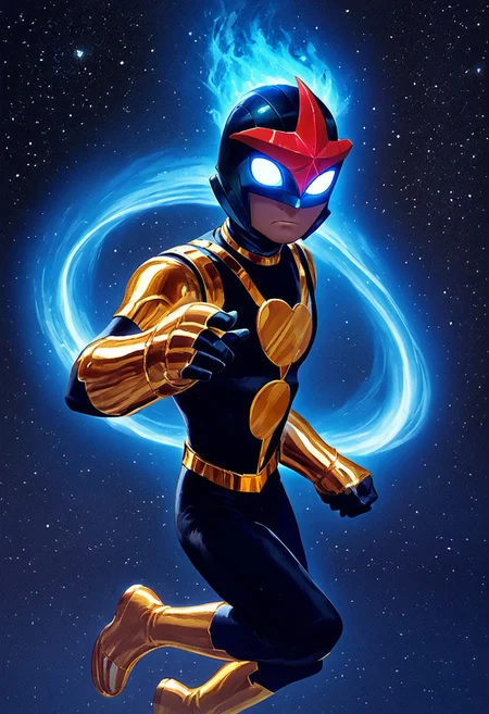 score_9, score_8_up, score_7_up, 1boy, solo, cute boy, Nova, Helmet, Glowing Eyes, No Pupils, Black Bodysuit, Gold Pauldrons, Gold Bracers, Gold Belt, Gold Boots, floating in space, blue aura, PONYXL_AlexRoss_ComicArt_ownwaifu