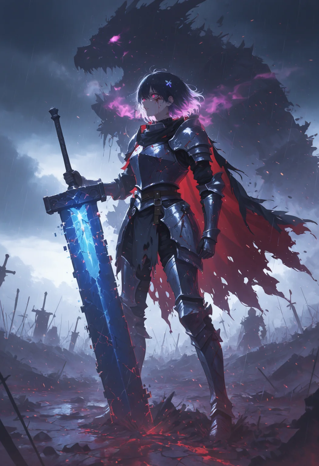 (1girl),(last warrior standing on a battlefield, gripping a massive greatsword:1.8),
(battle-worn armor, cracked metal, dried blood on his face and hands:1.7),
(dark cloudy sky, distant fires in the background, ruined city walls behind him:1.6),
(torn red cape fluttering in the wind, deep scars across his armor:1.7),
(eyes filled with pain and determination, breathing heavily, final stand energy:1.8),
(warrior standing tall, preparing for the last fight, opponent approaching in distance:1.7),
(swords and broken shields scattered around, battlefield soaked in blood and dust:1.6),
(subtle embers drifting in the air, wind carrying ash from burning banners:1.5),
(realistic ground textures, mud, shattered stone, cracks in earth from battle:1.7),
(dynamic pose, high-intensity atmosphere, focused composition on warrior:1.8),
(fog creeping in the background, heavy rain beginning to fall, wet armor reflections:1.6),
(dramatic cinematic lighting, deep contrast but balanced shadows:1.7),
(ultra-detailed shading, realistic textures, volumetric fog, epic fantasy setting).,