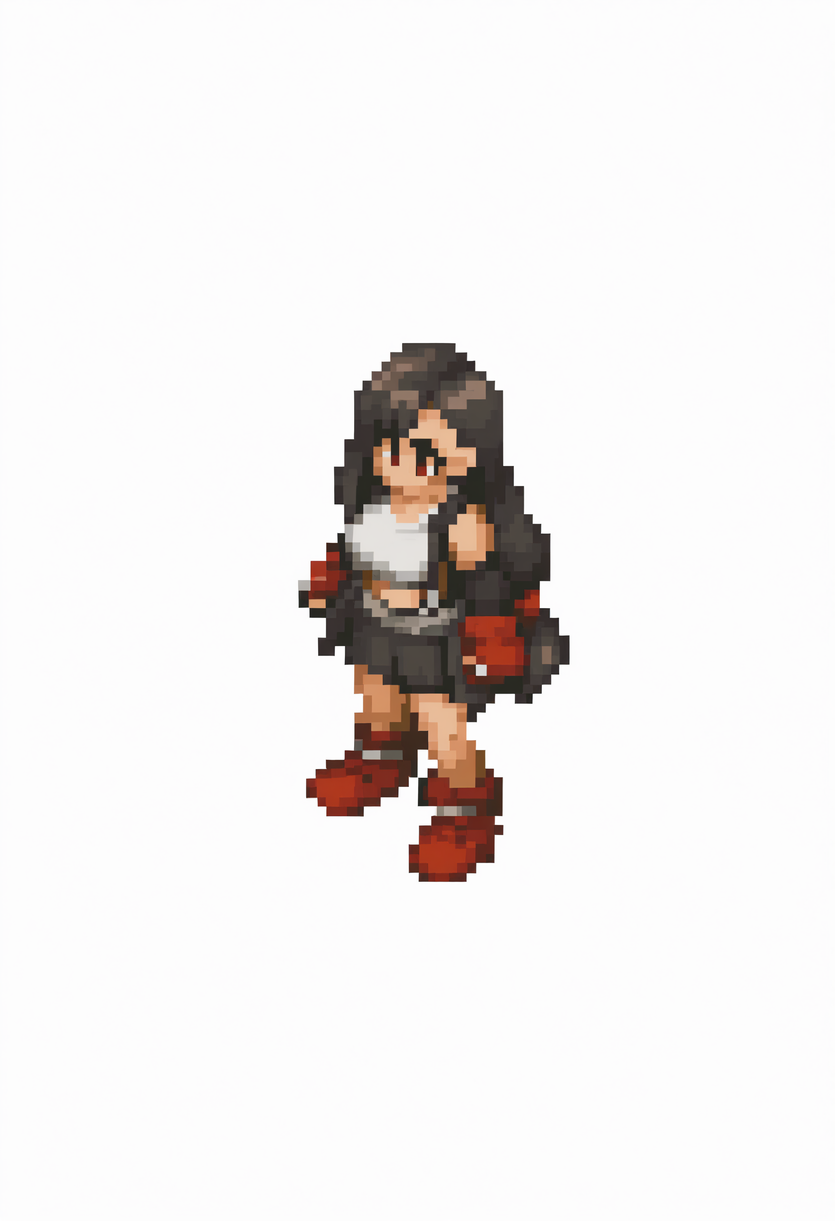 masterpiece, best quality, solo, 1girl, <lora:FFT-Sprites-illus_Fp:1>, looking at viewer, from side, full body, standing, solid oval eyes, no mouth, no nose, pixel art, simple background, white background, tifa lockhart,