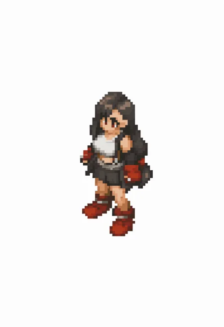 masterpiece, best quality, solo, 1girl, <lora:FFT-Sprites-illus_Fp:1>, looking at viewer, from side, full body, standing, solid oval eyes, no mouth, no nose, pixel art, simple background, white background, tifa lockhart,