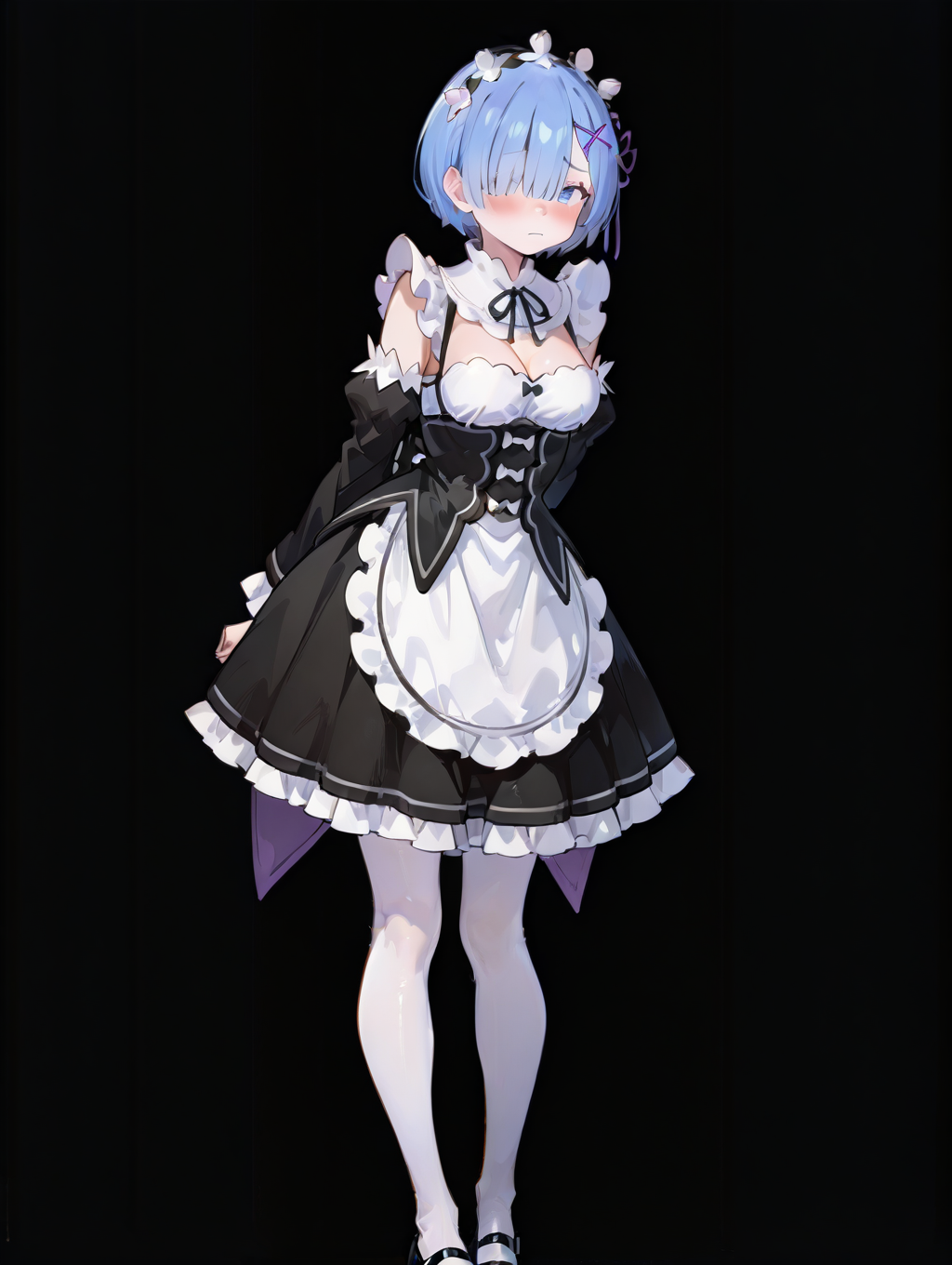 perfect quality,high quality,masterpiece,best quality,amazing quality,very aesthetic,absurdres,newest,
front view,full_shot,shy,
REMCYQL,1girl,solo,short hair,blue hair,bangs,hair over one eye,ribbon,hair ribbon,purple ribbon,hair ornament,x hair ornament,maid headdress,blue eyes,neck ribbon,roswaal mansion maid uniform,maid,cleavage,underbust,black ribbon,long sleeves,detached sleeves,apron,white apron,waist apron,skirt,black skirt,frilled skirt,pantyhose,white pantyhose,frills,mary janes,black footwear,
full body,standing,arms_behind_back,,
midnightblue background,simple background,
<lora:spo_sdxl_10ep_4k-data_lora_webui:0.5>,<lora:illustrious_all_rated_v1:0.6>,<lora:748cmSDXL:0.8>,748cmstyle,<lora:DarkerThanBlackIllustrious:0.5>,<lora:EtherSDXL:0.5>,EtherStyle,,<lora:REM_Illustrious by Cyql:1>,