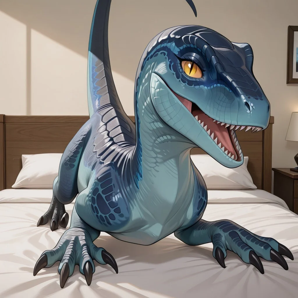 1girl, highres, absurdres, newest, masterpiece, best quality, furry, furry_female, dinosaur, raptor, scales, tail, claws, talons, Blue_jw, blue scales, yellow sclera, slit pupils, (feral, quadruped:1.3), detailed eyes, on_bed, on_stomach, open_mouth, open mouth smile, luxurious detailed room, bright room, day scene, professional lighting, white bed, solo, bedroom, smiling, seductive, looking_at_viewer, masterpiece, close up, safe