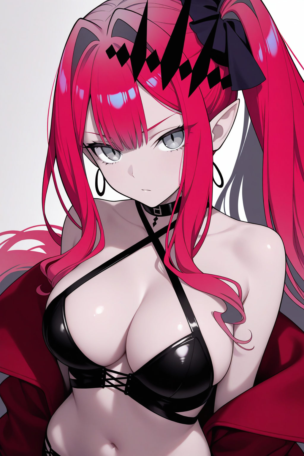 baobhan sith \(fate\), 1girl, bare shoulders, breasts, choker, cleavage, grey eyes, large breasts, long hair, looking at viewer, navel, pink hair, pointy ears, side ponytail, sidelocks, solo, masterpiece, best quality