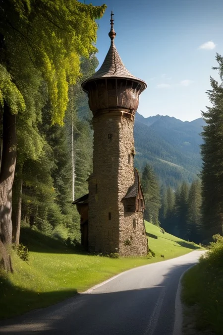 realistic analog photo, award winning photo, stone witow, no humans, scenery, blue sky, road, nature, outdoors, RAW, highres, 8k, uhd, High Dynamic Range, tonemapping, crisp details, portcullis,