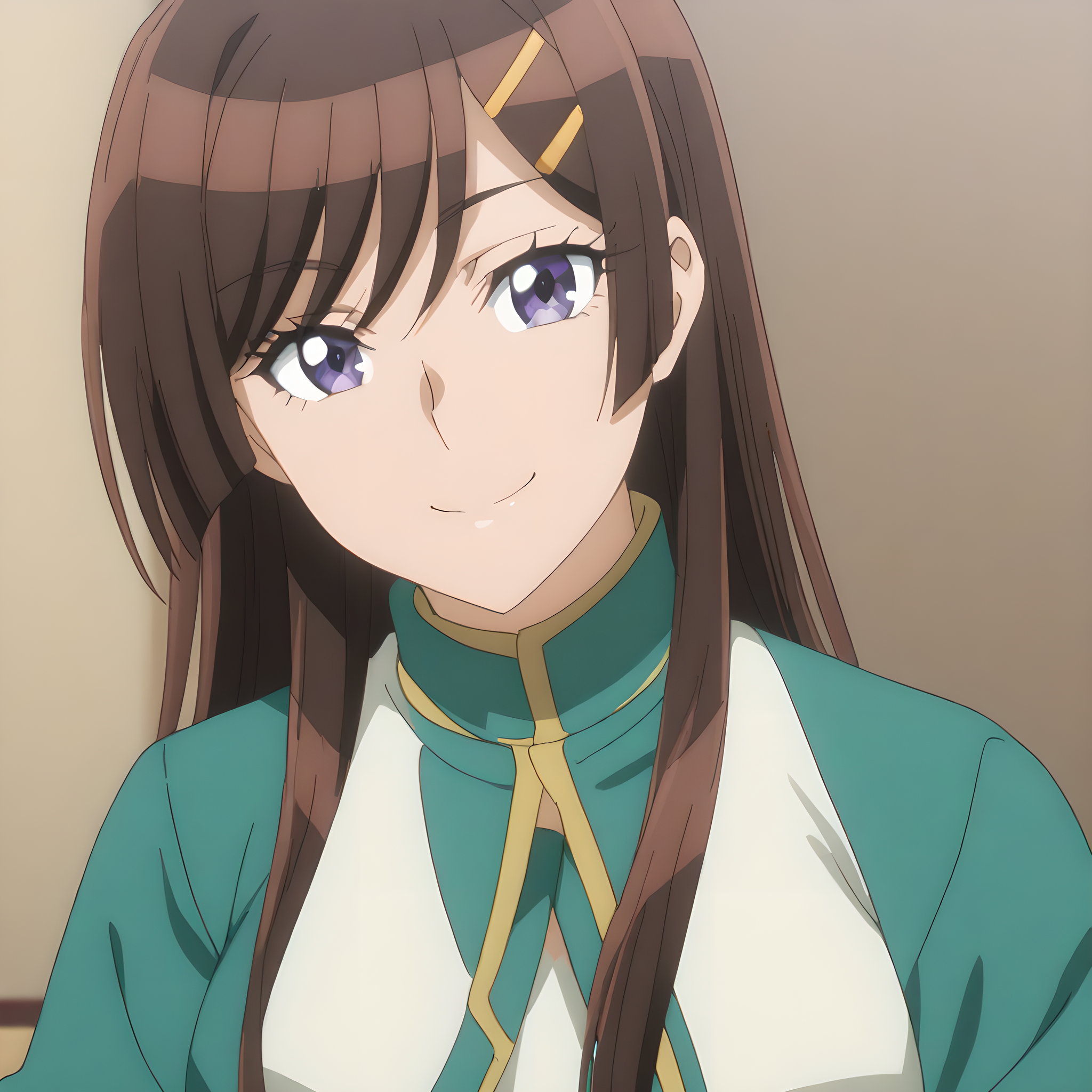 otonashi_hibiki, 1girl, solo, brown hair, purple eyes, brown hair, hair ornament, smile, hairclip, school uniform, smile, looking at viewer, <lora:Otonashi_Hibiki:1>