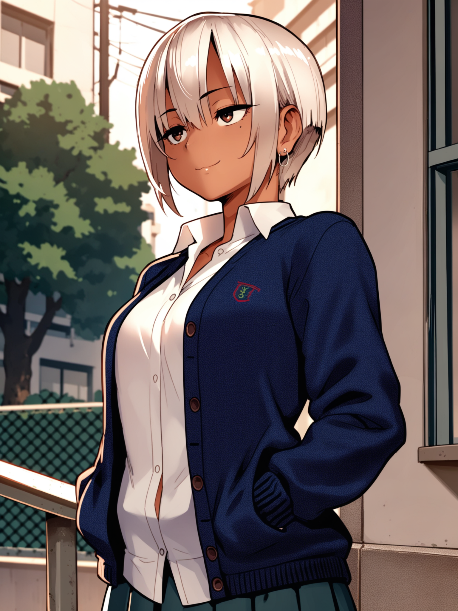 <lora:happy_tentacle-cherry_asuka-v0.1-000030:1>, ht_cherry_asuka, earrings, tan, brown eyes, school uniform, collared shirt, cardigan, outdoors , 1girl, solo, cowboy shot, thighs , half-closed eyes , ( seductive smile :1.1), , looking down , standing , , score_9, score_8_up, score_7_up, score_6_up, score_5_up, score_4_up