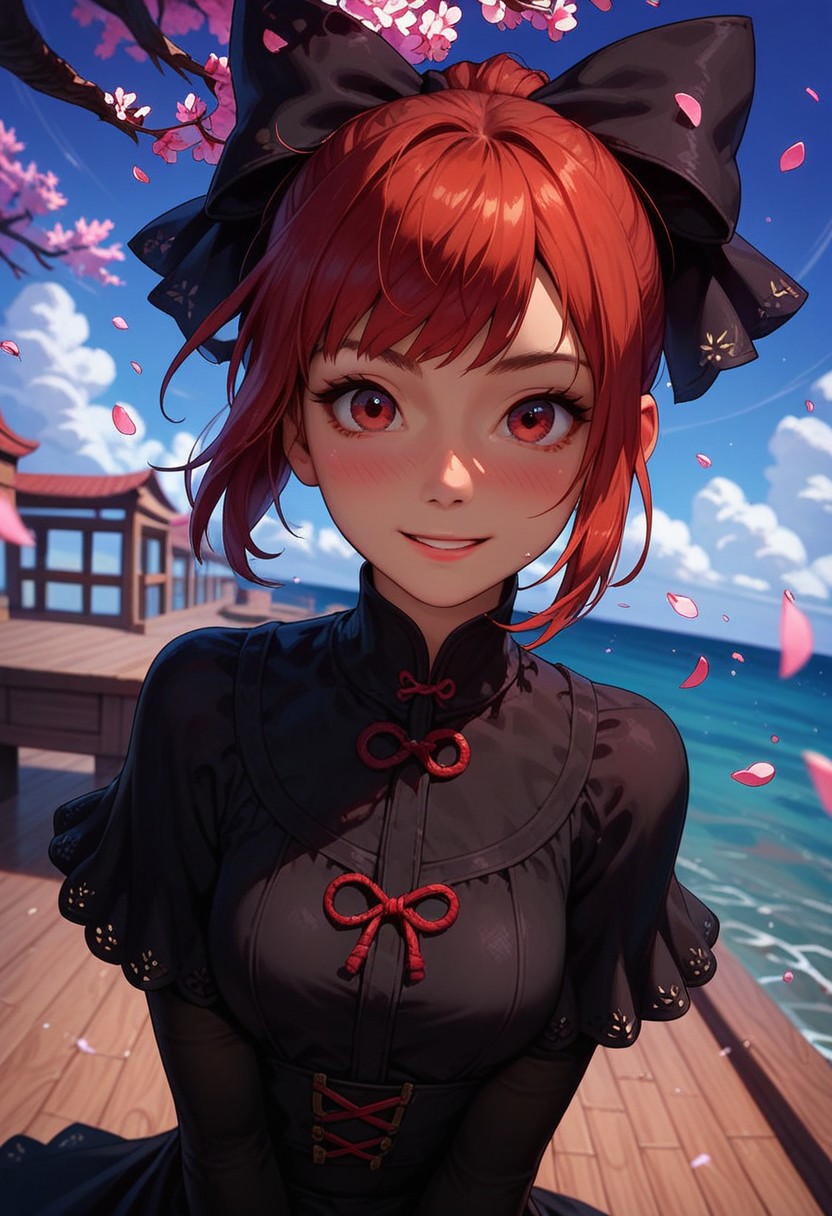 score_9_up, score_8_up, score_7_up, score_6_up, 1girl, 25 years old, perfect face, cute, petite, 
three quarter view, detailed face, portrait, face focus, depth of field, looking at viewer, blush, shy smile, close up, 
red eyes, 
red head, short hair, messy hair, hair bow, black bow, hair rings, 
black dress,  
cowboy shot, dynamic pose, dynamic angle, 
day, blue sky, cherry blossoms, falling petals, outdoors, spring (season), wind, 
pier, ocean,