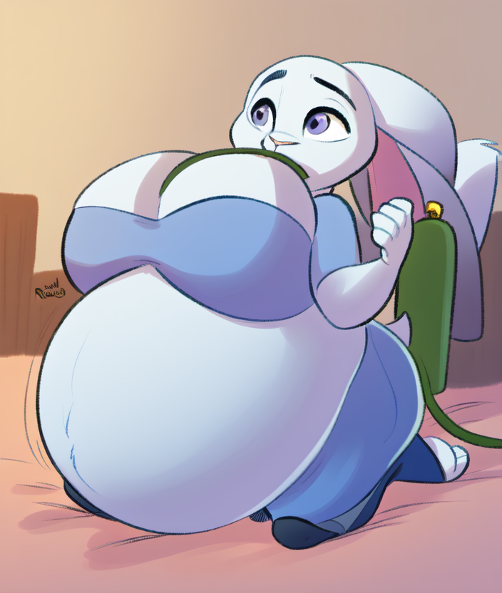 judy hopps, lagopmorph, leporid, zootopia, detailed background, inflating, expansion, hyper belly, breast expansion, kneeling, helium tank, hose inflation, hose in mouth, puffed cheeks, by nastypasty,by robomax,by aoino,by dedoarts,by jacques00 <lora:Inflation08-One4AllFur:0.6>