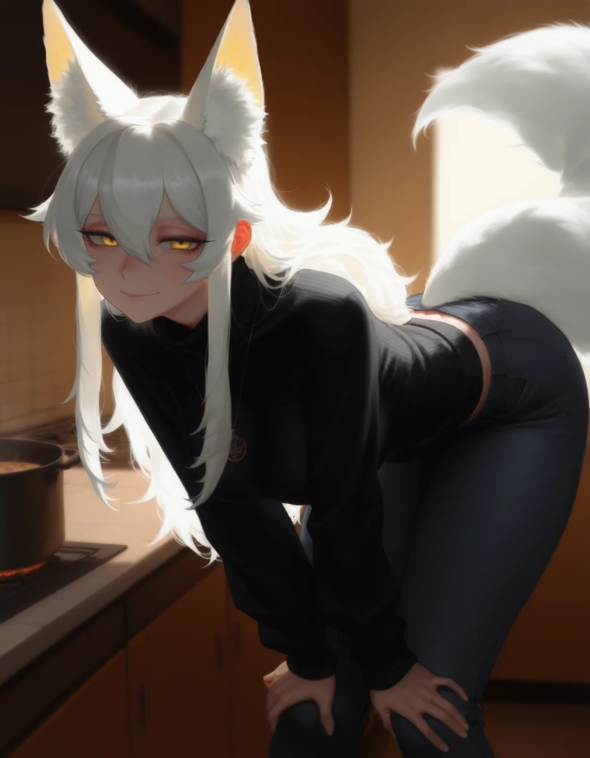 by z-ton, (by krekkov, by QUASARCAKE:0.725), (by mossacannibalis, by xilmo:0.65), <lora:MIX-GEM-XLvpred06-extract-dim32:1>,
1girl, animal ear fluff, animal ears, bangs, bent over, black pants, black sweater, breasts, casual, closed mouth, cooking, cooking pot, denim, extra ears, fox ears, fox girl, fox tail, hair between eyes, hands on own knees, indoors, jeans, jewelry, kitchen, leaning forward, long sleeves, looking at viewer, necklace, pants, shirt, sidelocks, smile, solo, standing, sweater, tail, tail raised, turtleneck, turtleneck sweater, white hair, yellow eyes,
masterpiece, best quality, very awa, absurdres, highres, tenebrism, chiaroscuro
