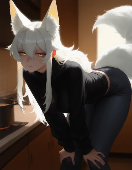 by z-ton, (by krekkov, by QUASARCAKE:0.725), (by mossacannibalis, by xilmo:0.65), <lora:MIX-GEM-XLvpred06-extract-dim32:1>,
 1girl, animal ear fluff, animal ears, bangs, bent over, black pants, black sweater, breasts, casual, closed mouth, cooking, cooking pot, denim, extra ears, fox ears, fox girl, fox tail, hair between eyes, hands on own knees, indoors, jeans, jewelry, kitchen, leaning forward, long sleeves, looking at viewer, necklace, pants, shirt, sidelocks, smile, solo, standing, sweater, tail, tail raised, turtleneck, turtleneck sweater, white hair, yellow eyes,
masterpiece, best quality, very awa, absurdres, highres, tenebrism, chiaroscuro