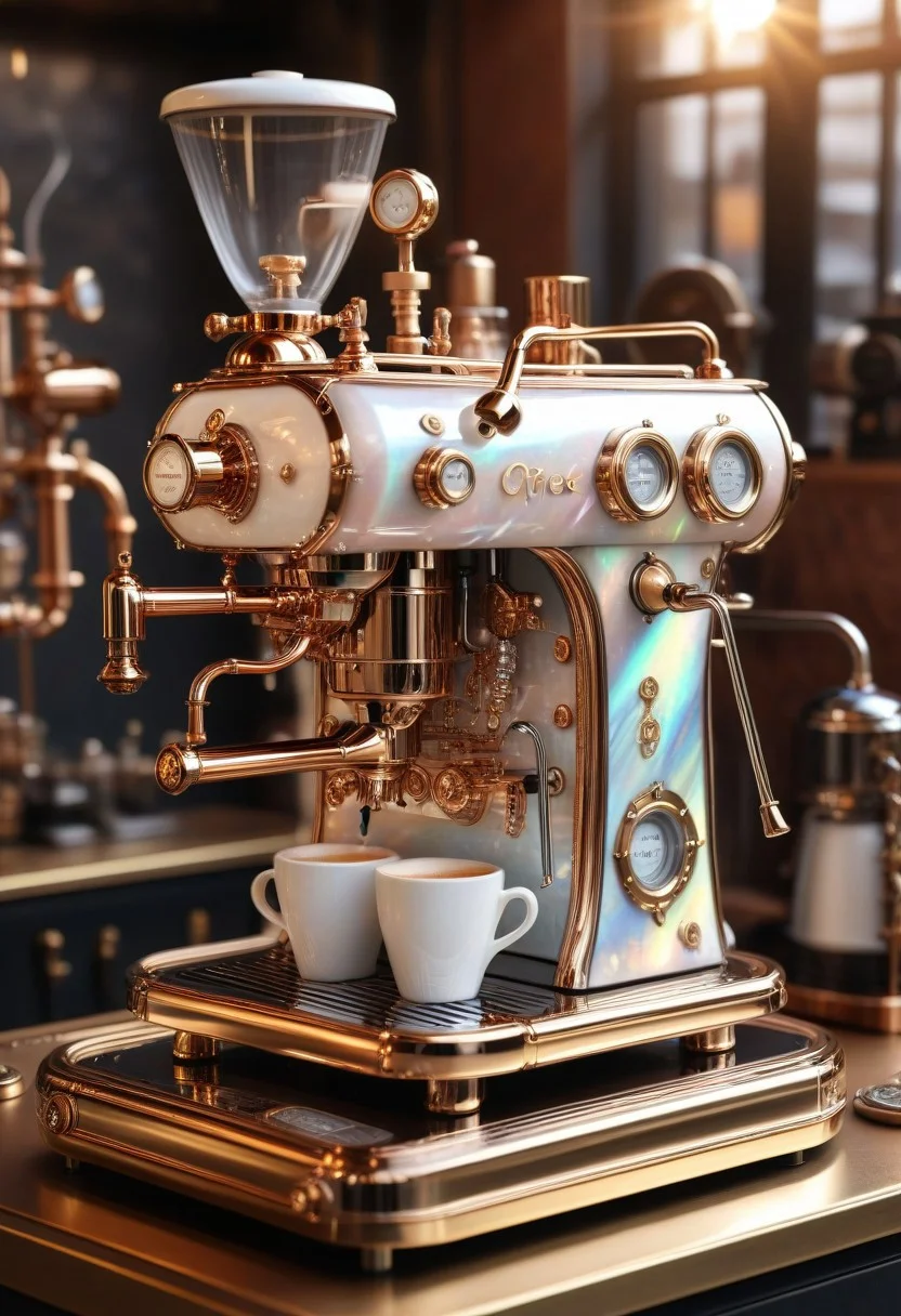 pearlescent style steampunk coffee machine with mother-of-pearl decoration. Realistic technical photo, detailed, pipes, taps, an analog instrument, decorative structure on the counter of a coffee shop. Sunshine. incredible detail, highest quality, 8k ultra-high resolution, visual masterpiece, vibrant, warm