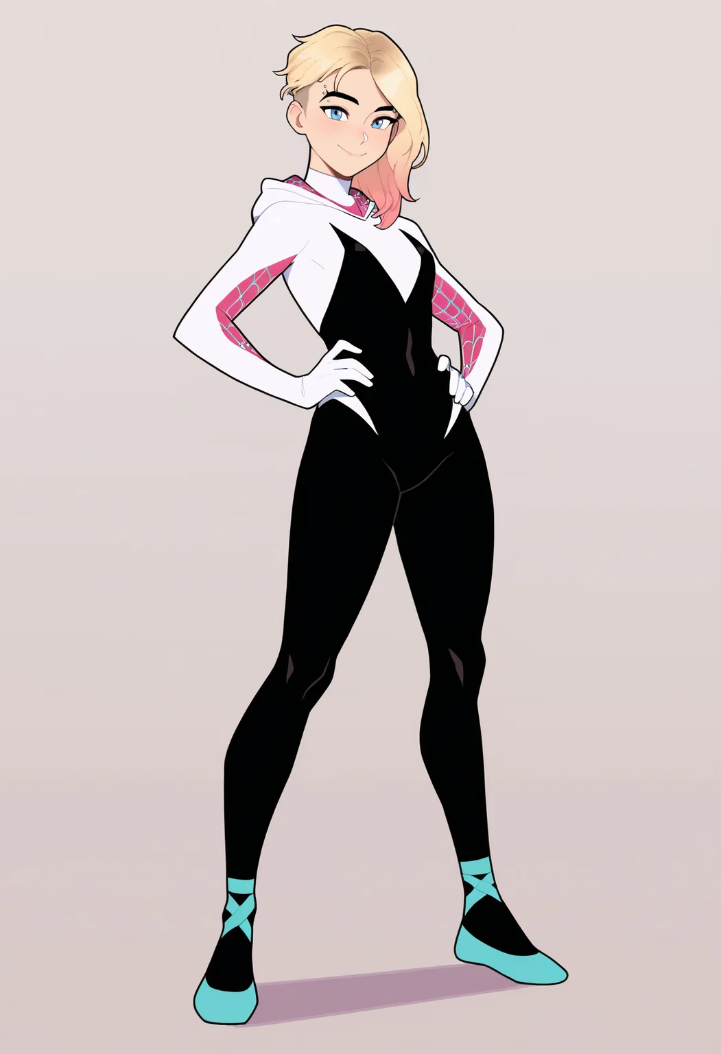 masterpiece, best quality, very aesthetic, absurdres,
1girl, gwenstacy, blonde hair, blue eyes, asymmetrical hair, eyebrow piercing,
hooded bodysuit, ballet shoes, spider web print,
hands on hips, smile, full body, solo, looking at viewer, standing, simple background, white background <lora:GwenStacyNoobXL_byKonan:1>