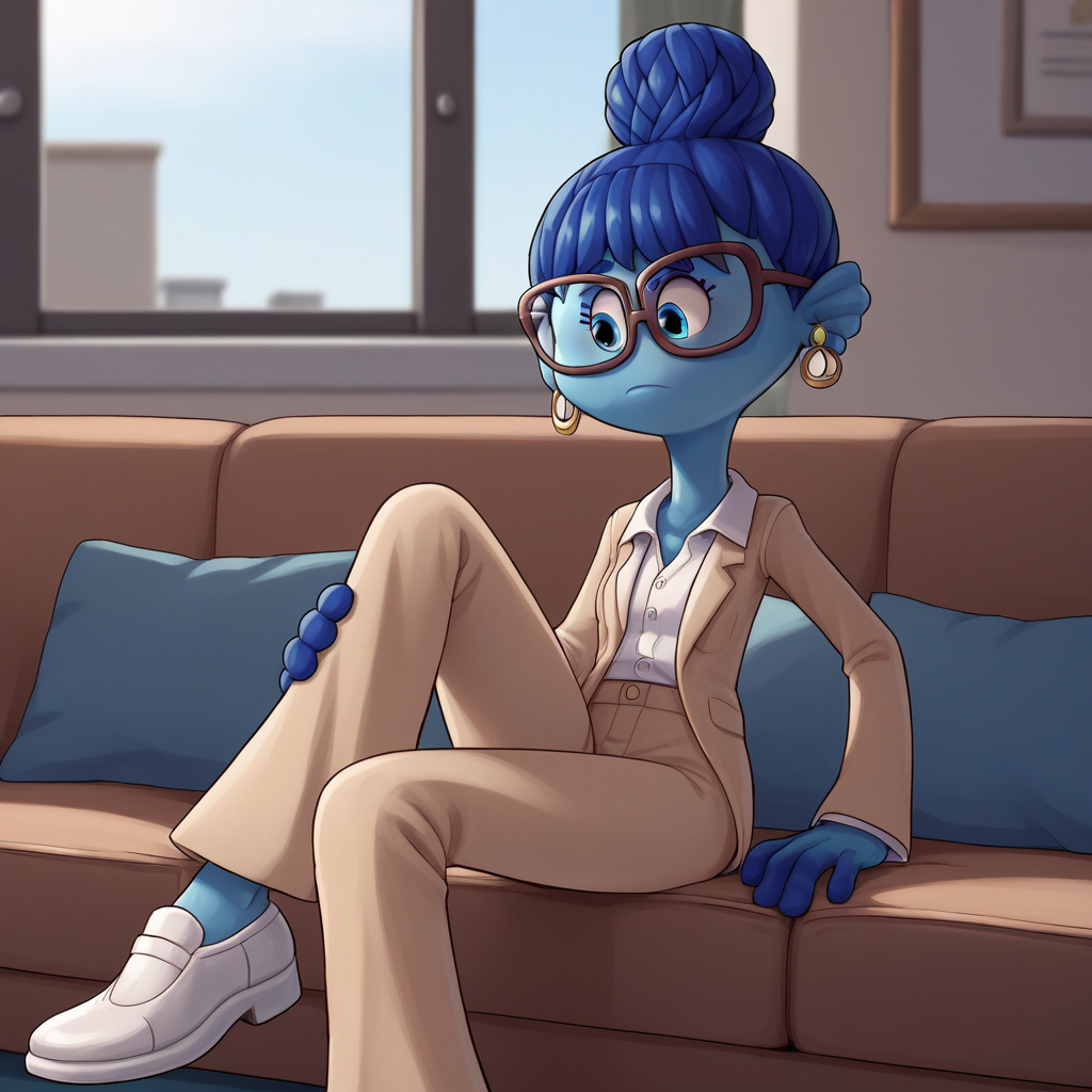score_9_up, score_8_up, BREAK, AgathaGillman, 1girl, solo, blue hair, single hair bun, colored skin, blue skin, blue eyes, glasses, earrings, shirt, beige suit, pants, white footwear,  <lora:AgathaGillman_PXL_Leaf1:1>, indoors, sitting on couch, depth of field,