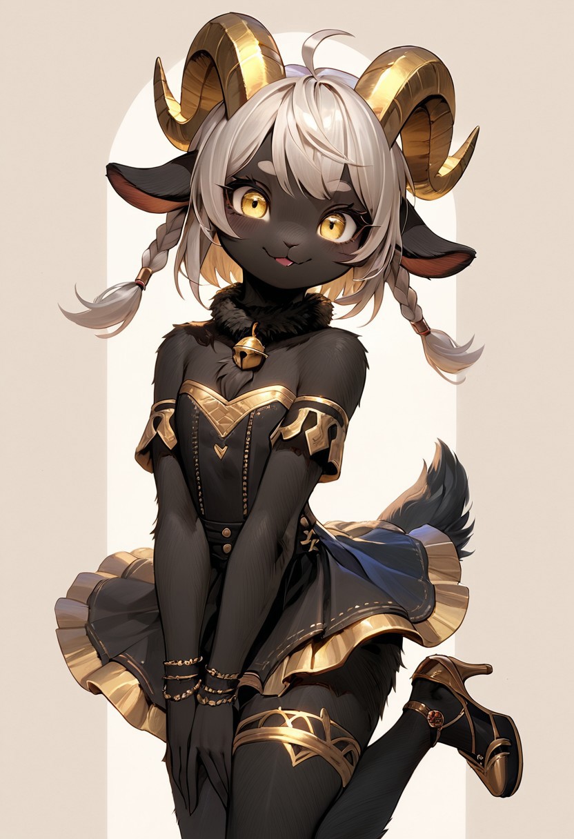 score_9, score_8_up, score_7_up, source_anime, solo, cute goat demon, ((femboy)), ((black fur:2)), (two toned fur:0.8), chest tuft:0.2, fur lining cleavage, goat eyes, detailed makeup, gold eye liner, perfect face, (yellow eyes), leaning over, flat chest, fur sheen, bratty pose, teasing, cute pose, cute fang, wry smile, skirt, fishnet thigh highs, high heels, standing, lifting skirt, sultry glance, cute jacket, one leg jeans, short hair, long braid, white hair, punk hair style, fur around collar, (small horns), golden horns, thin waist, wide hips, thick thighs, cute bulge,