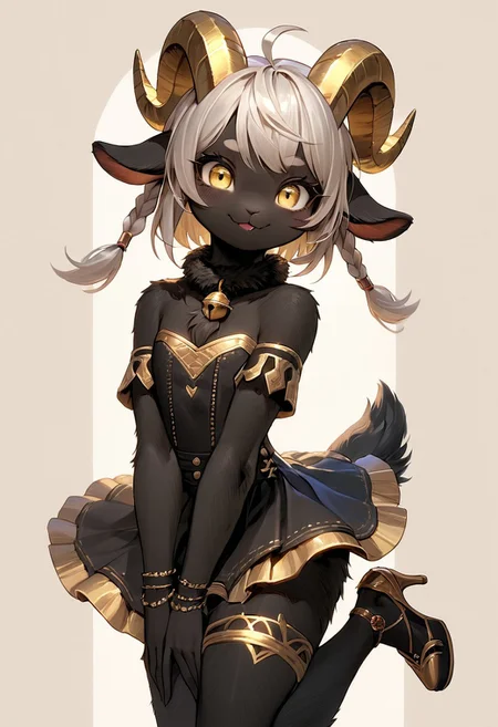 score_9, score_8_up, score_7_up, source_anime, solo, cute goat demon, ((femboy)), ((black fur:2)), (two toned fur:0.8), chest tuft:0.2, fur lining cleavage, goat eyes, detailed makeup, gold eye liner, perfect face, (yellow eyes), leaning over, flat chest, fur sheen, bratty pose, teasing, cute pose, cute fang, wry smile, skirt, fishnet thigh highs, high heels, standing, lifting skirt, sultry glance, cute jacket, one leg jeans, short hair, long braid, white hair, punk hair style, fur around collar, (small horns), golden horns, thin waist, wide hips, thick thighs, cute bulge,