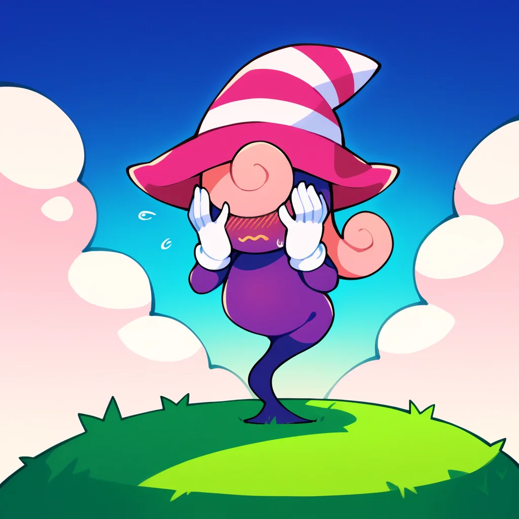 score_9, score_8_up, score_7_up, score_6_up, source_anime, best quality, blue background, clouds, grass, trees, BREAK 1girl, solo, vivian_(\paper_mario\), purple body, pink hat, witch hat, ghost, pink hair, gloves, long hair, no eyes, no legs, cowering, hands on face, blush, sweat, nervous, embarrassed, looking down, cowboy shot <lora:PDXL_Vivian_PM:1>
