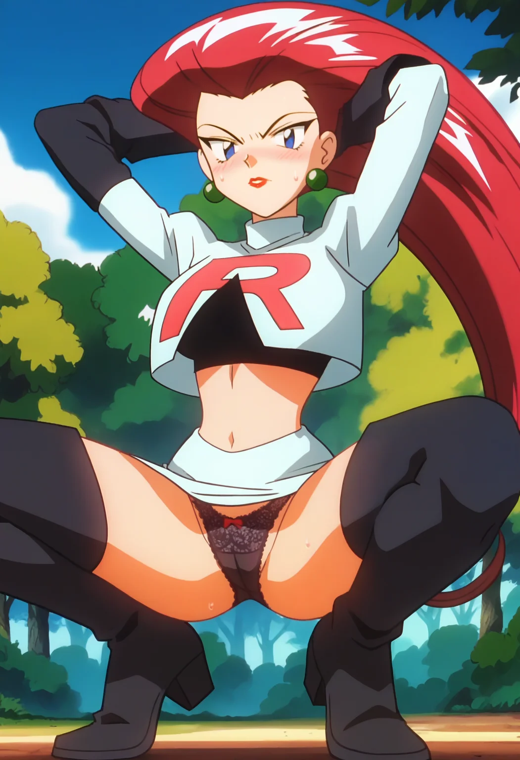 score_9, score_8_up, score_7_up, score_6_up, anime screencap, anime coloring, <lora:PMJessieV2:0.9>, PMJessie, red hair, long hair, blue eyes, lipstick, earrings,
team rocket uniform, cropped jacket, elbow gloves, navel, miniskirt, white skirt, thighhighs,
thigh boots, black panties, lace panties,
squatting, legs apart, arms on head, arms up, disgust, looking at viewer, blush, sweat,
BREAK day, blue sky, sunlight, sunbeam, nature, forest,