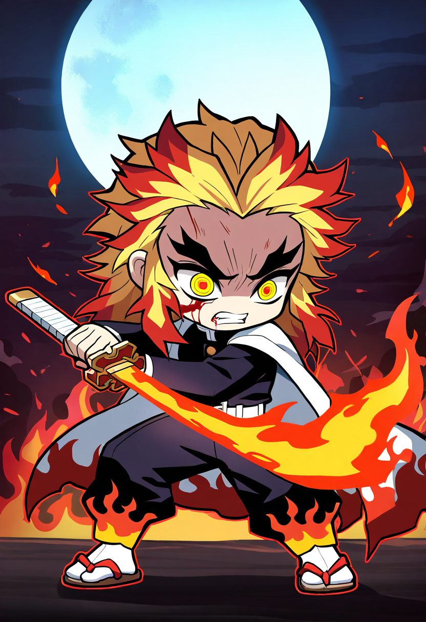masterpiece, best quality, newest, absurdres, highres,chibi,kimetsu no yaiba,rengoku kyoujurou,kimetsu no yaiba,1boy, blonde hair, multicolored hair, red hair, blood, clenched teeth, yellow eyes, two-tone hair, cape, pants, jacket, long sleeves, tabi, sandals, belt, japanese clothes, fighting stance, sword, fire, katana, outdoors, sheath, solo, holding, male focus, moon, full body, demon slayer uniform, weapon, holding weapon, forked eyebrows, holding sword, white cape, night, teeth, flaming sword, black jacket, blood on face, full moon, flaming weapon, sky, black pants, night sky, flame print,<lora:maplestory-000011prodigy:1>