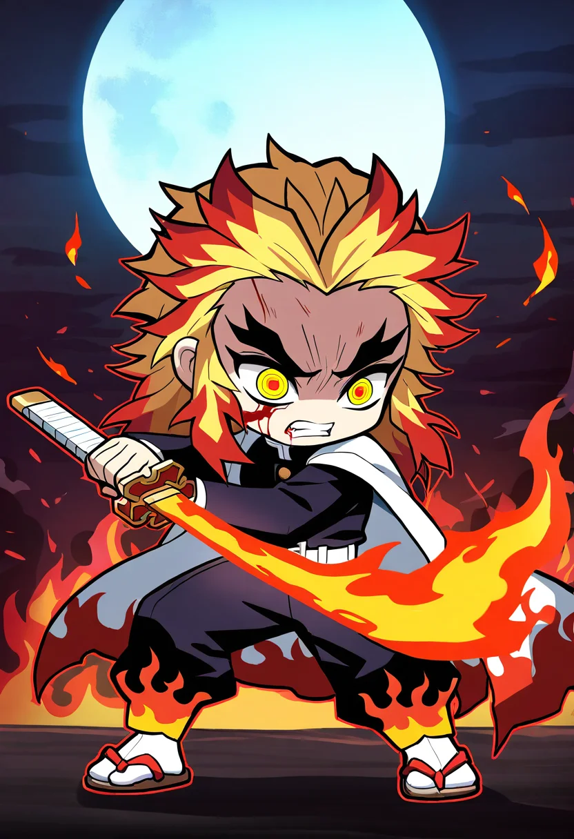 masterpiece, best quality, newest, absurdres, highres,chibi,kimetsu no yaiba,rengoku kyoujurou,kimetsu no yaiba,1boy, blonde hair, multicolored hair, red hair, blood, clenched teeth, yellow eyes, two-tone hair, cape, pants, jacket, long sleeves, tabi, sandals, belt, japanese clothes, fighting stance, sword, fire, katana, outdoors, sheath, solo, holding, male focus, moon, full body, demon slayer uniform, weapon, holding weapon, forked eyebrows, holding sword, white cape, night, teeth, flaming sword, black jacket, blood on face, full moon, flaming weapon, sky, black pants, night sky, flame print,<lora:maplestory-000011prodigy:1>
