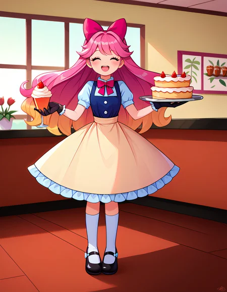 score_9, score_8_up, score_7_up, score_6_up, score_5_up, score_4_up , 1girl, sizzlesjellyqueen, blonde hair, pink hair, two-tone hair, gradient hair, wings, masterpiece, best quality, absurdres,
kawaii, cute, tafashion, waitress, standing, (ruffled gleaming waitress dress), apron with bows, chest bow, giant waist bow, huge hair bow, gloves, too many frills, large bow, too many bows, ruffles, Mary Janes shoes, short ruffled bobby socks,
blush, cute makeup,
indoors, maid cafe, cosplay cafe, tables and chairs, intricate cafe background,
(solo), standing, happy smile with closed eyes, ^_^, serving tray, holding serving tray with sweets,
highly detailed, majestic, shallow depth of field, movie still, soft lighting, circular polarizer, colorful, kiki, wandafp, arcadia