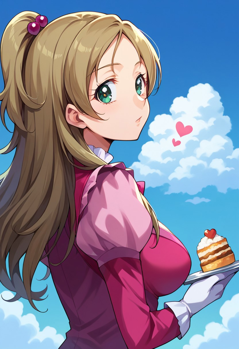 score_9, score_8, score_7, source_anime, minamino kanade, hair bobbles, upper body, cloud, heart, looking back, gloves, 
standing, large breasts, food