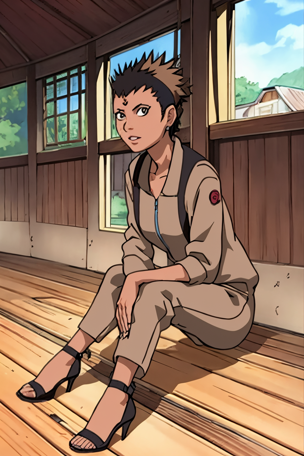 Somalis 52 years old woman Brown Faux Hawk , in the Sunroom, Sitting on the floor with legs bent and one hand on ankle, Jumpsuit with heels, EdobNarutoShippuden  <lora:EdobNarutoShippuden_v1.0:0.8>