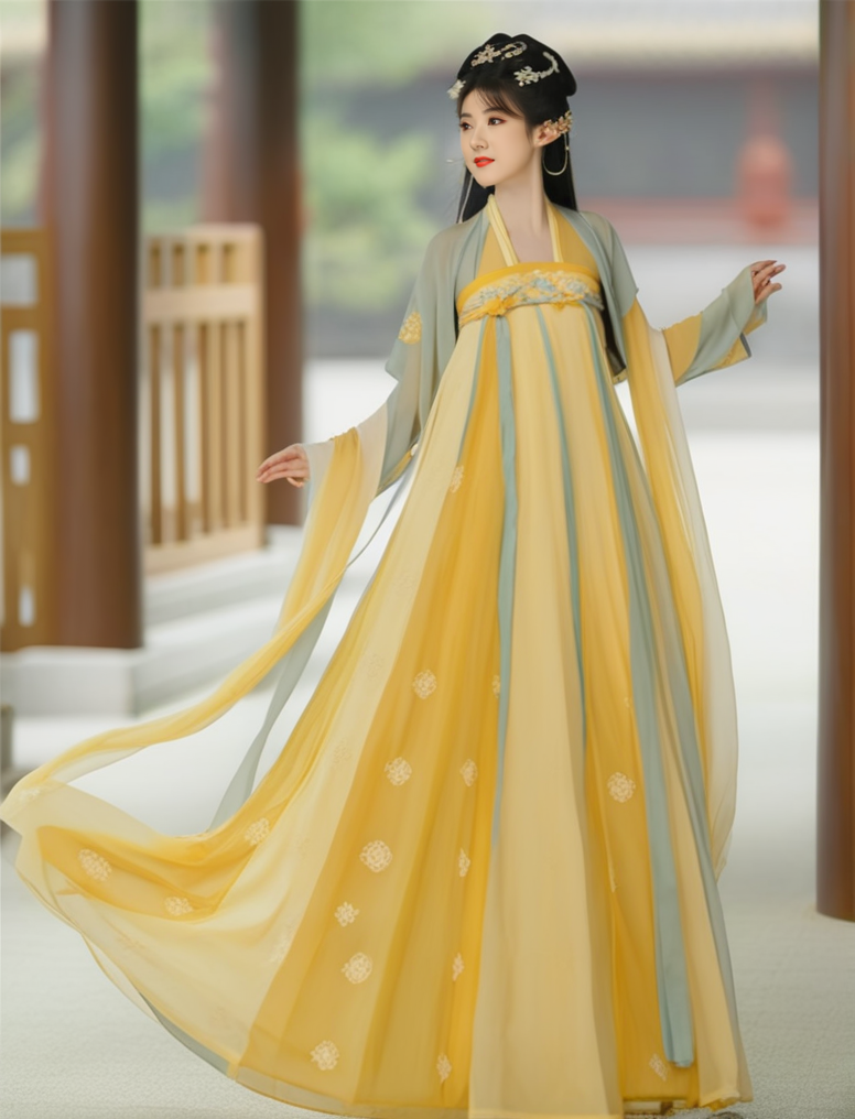 hanfu tang, tang style, tang dynasty, front view, 1girl, solo, black hair, hair ornament, long hair, yellow  dress
 <lora:HanfuTang_SDXL-000003:0.65>