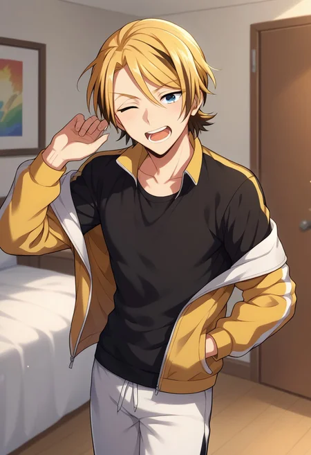 score_9, score_8_up, score_7_up, source_anime, highly detailed,
leonard, male focus, 1boy, blonde hair, smile, solo, heterochromia, blue eyes, grey eyes,
jacket, open mouth, multicolored hair, two-tone hair, track jacket, black jacket, yellow jacket, open jacket, black shirt, track pants, white pants,
indoor, bedroom, tired, sleept, one eye closed, yawning,
