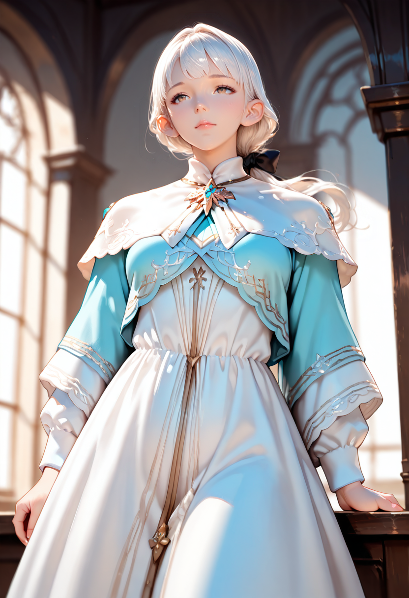 ameliance,brown eyes,white hair,bow,ponytail,ameliancedress,capelet,mature female<lora:amelianceILv6:0.8>cowboy shot, very awa, masterpiece, best quality, amazing quality, very aesthetic, absurdres, sensitive, newest <lora:spo_sdxl_10ep_4k-data_lora_webui:0.7>,