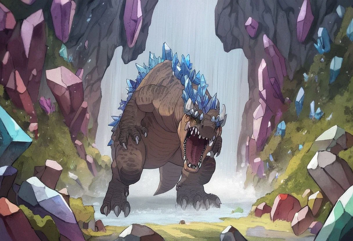 tyrannosaurus rex, score_9, score_8, score_7, score_6, absurdres, source_anime, open_mouth, golem, crystal golem, crystal skin, waterfall, tyrannosaurus rex made of crystals, extra set of eyes, horns,
