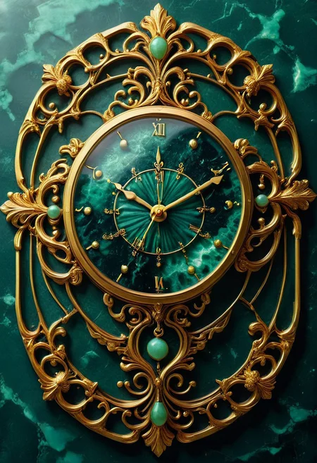 made from jade and obsidian, jade, obsidian,score_9, score_8_up, score_7_up, expensive looking, clock, golden clockhandsб golden metal pattern (mtlartCE_style)