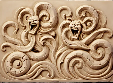 Bas-relief of a hydra and a boat in stormy sea, <lora:Bas-relief-000004:1>