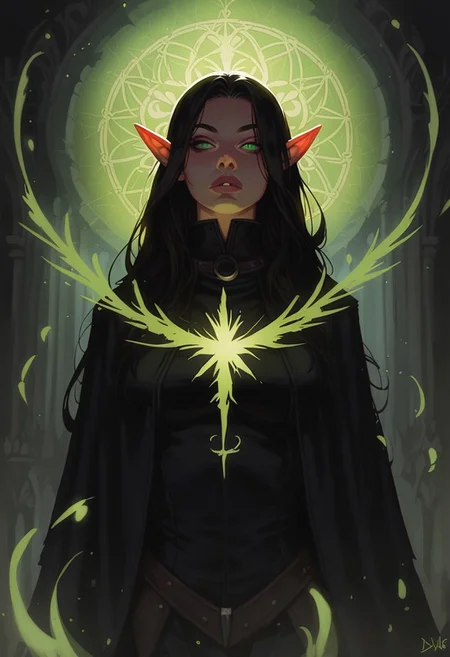 score_9, score_8_up, score_7_up, 1girl, solo, dark witch, pointy ears, long black hair, straight hair, glowing green eyes, dark aura, casting spell, magical, green spell, green magic, Spell rings, green aura, dark aura, green magic circles, in cathedral, dark atmosphere, Dark, ghosts auras in the background, detailed background, highly detailed, vivid colors, dynamic angle, dynamic pose, cowboy shot, (dramatic lighting, shadows, dark image, dim lighting, cinematic lighting)
