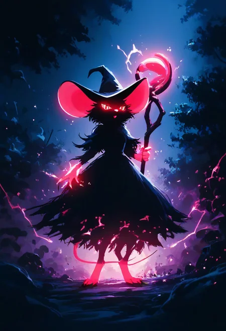 score_9, score_8_up, score_8, solo, (fluffy:0.8), (feral), furry, (((mouse))), female, claws, (fluffy cheeks:0.7), (black dress), grey fur,pokeball capture, energy conversion, pink glow,((pink glowing body)), pokeball, open pokeball,black ears, red eyes, look at viewer, (solo), j_cartoon, aesthetic, dramatic angle, unique perspective, unique angle, dynamic pose, action pose, night, dark, swamp, (witch hat), (hold magical staff:1.5), (evil expression), monochromemuse, monochrome, greyscale, j_cartoon, (open mouth), look at viewer, arkane_dark, magic, InkBlast