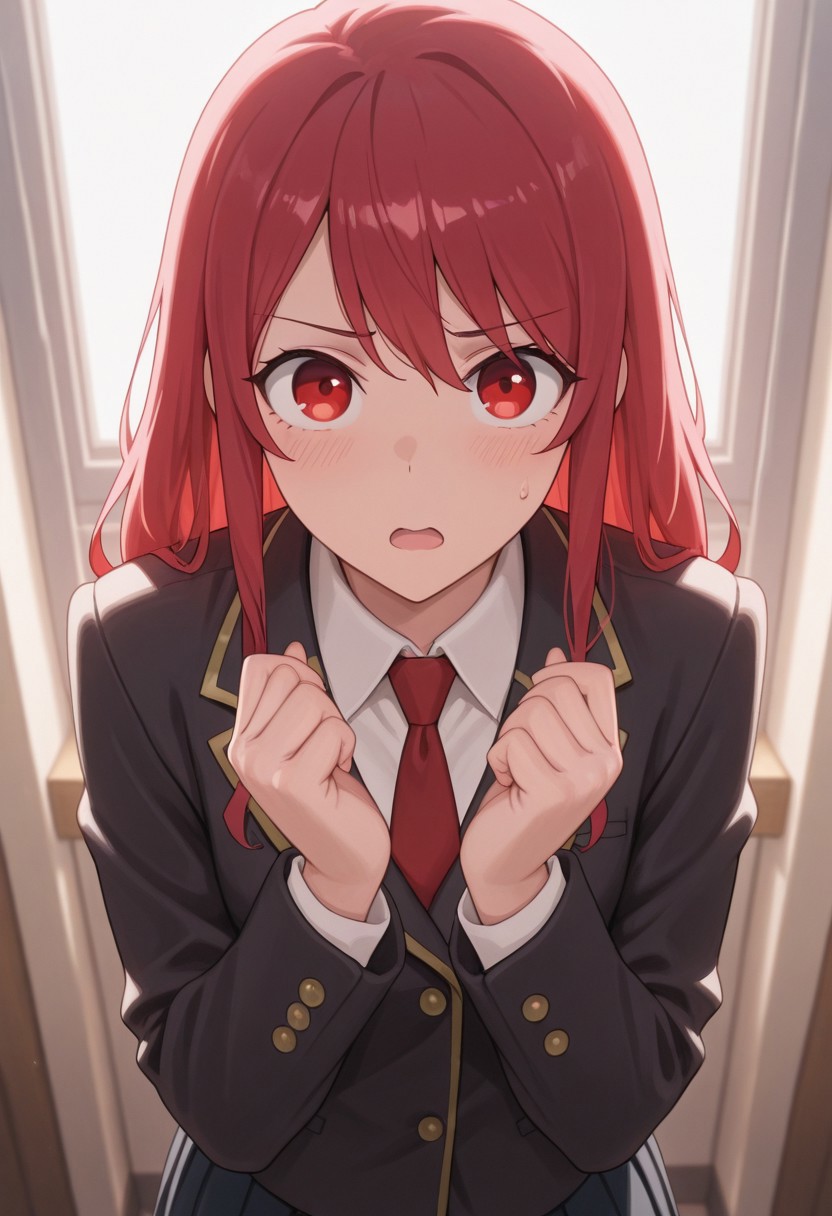 masterpiece,best quality,amazing quality, leeler sophia, red hair, red eyes, long hair, 1girl, solo, open mouth, looking at viewer, school uniform, sweatdrop, necktie, hands up, long sleeves