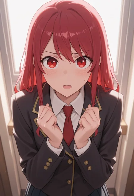 masterpiece,best quality,amazing quality, leeler sophia, red hair, red eyes, long hair, 1girl, solo, open mouth, looking at viewer, school uniform, sweatdrop, necktie, hands up, long sleeves