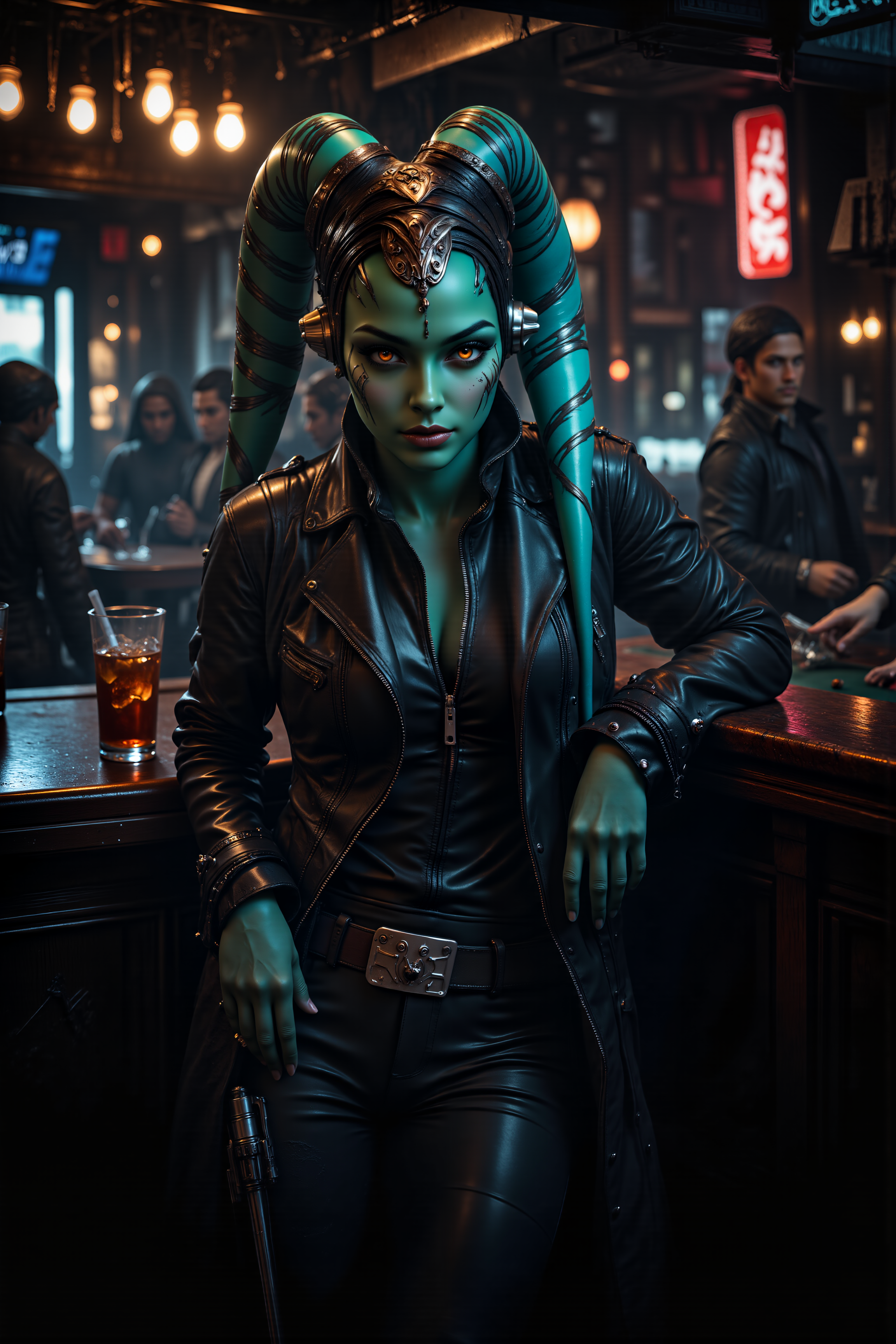 A hyper-realistic portrait, photorealistic photo close-up image of In a smoky, dimly lit cantina on the outer rim, a Twi'lek smuggler with turquoise skin and sharp, amber eyes leans casually against the bar, her lekku draped over her shoulders as she watches the room. Her leather jacket, scuffed and worn from years of use, is unzipped just enough to reveal the glint of a concealed blaster beneath. The cantina is filled with the murmur of low conversations and the occasional clink of glasses, while a droid band in the corner plays a slow, jazzy tune that echoes through the room. The air is thick with the smell of spice and stale drinks, and the faint glow of neon lights casts long, flickering shadows across the patrons. At a nearby table, a group of Rodians and Weequays are engaged in a heated game of sabacc, their eyes shifting nervously toward the smuggler. The bartender, a grizzled Ithorian, polishes a glass absentmindedly as he glances warily in her direction. The smugglerâs lips curl into a knowing smirk as she reaches for her drink, her eyes never leaving the mark sheâs been tracking for days. The scene is one of tension and danger, where every glance and gesture carries the weight of unspoken threats. (photography, high-resolution, dynamic, energetic,hyper-realistic, dramatic lighting, shallow depth of field.), detailmaximizer, MythP0rt<lora:midjourney_whisper_flux_lora_v01:0.55><lora:aidmaMJ6.1-FLUX-V0.1:0.4><lora:FluxMythP0rtr4itStyle:0.4><lora:detailed_flux_ntc:2.2><lora:aidmaImageUpgrader-FLUX-V0.1:0.65><lora:TwiLek_Girls>