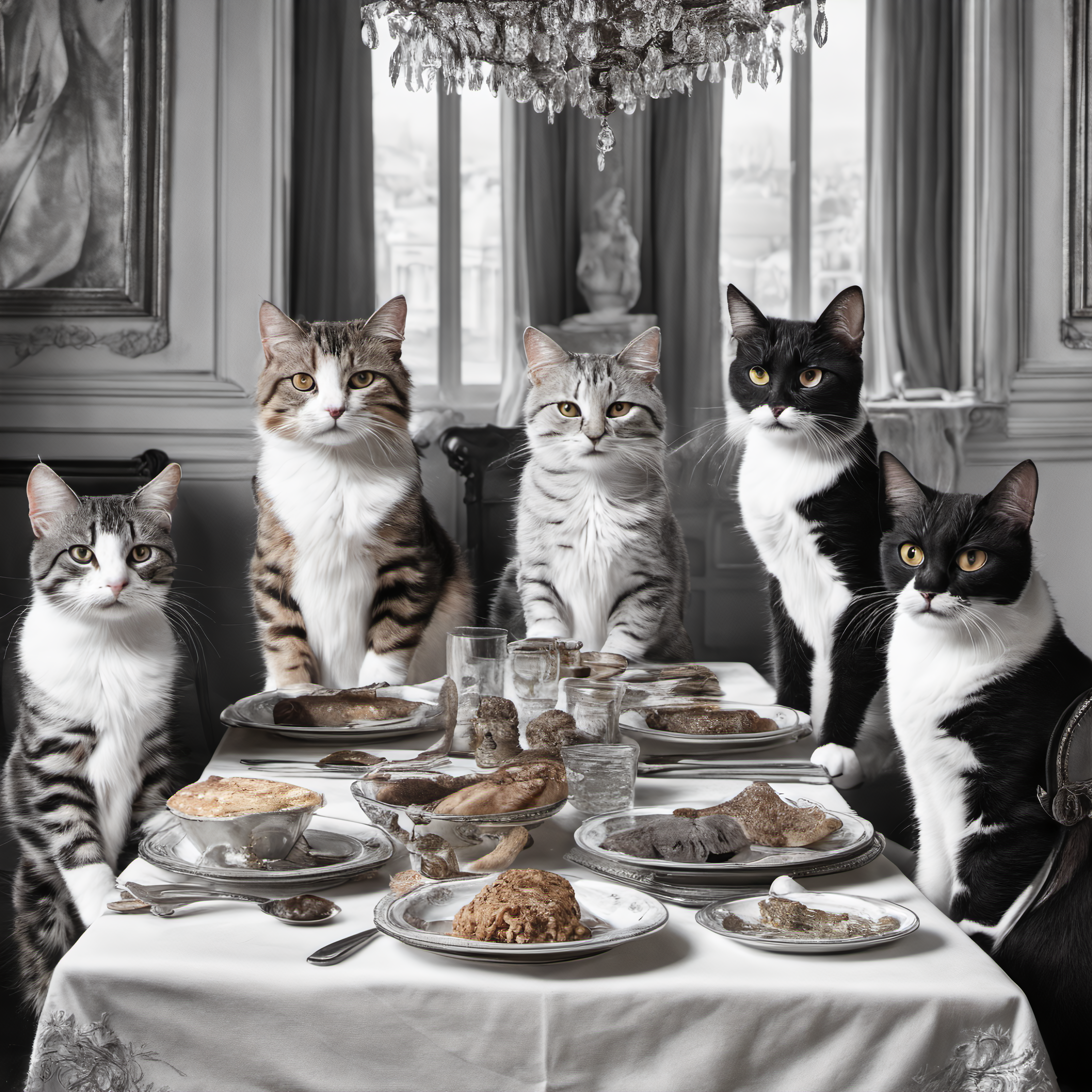 Cats having dinner, in the style of The Last Supper, detailed, realistic, 8k uhd, high quality, ((masterpiece))